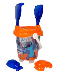 Cubo De Playa Castillo Stitch Transparente Con Cedazo, Pala, Rastrillo Y Moldes